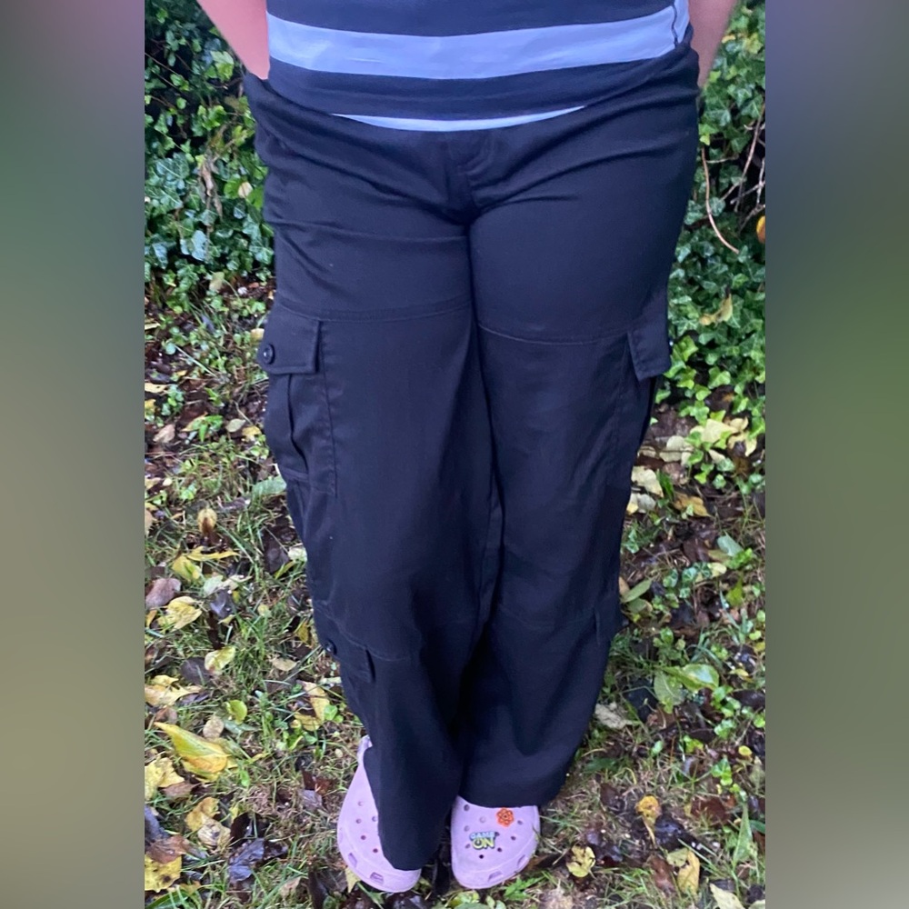 Mid Rise Black Drawstring Multi Casual Cargo Cotton Lounge Pants- Small